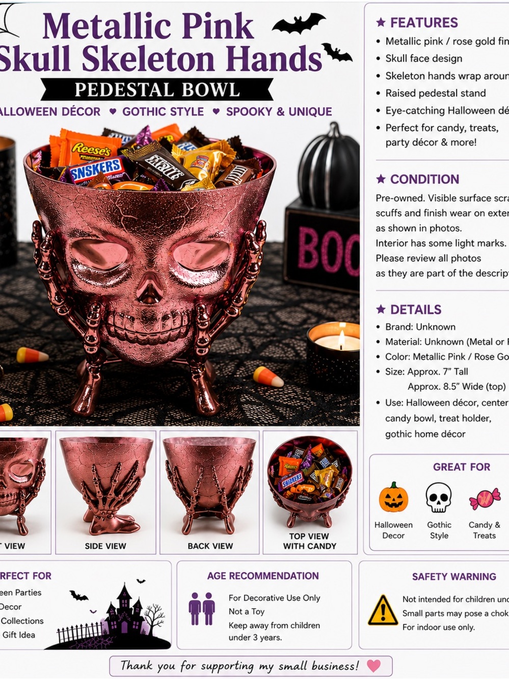 Metallic Pink Skull Skeleton Hands Pedestal Bowl Halloween Gothic Decor